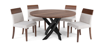 Le Noyer 54″ Round Walnut Table With 4 Upholstered Chairs