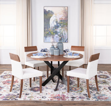 Le Noyer 54″ Round Walnut Table With 4 Upholstered Chairs