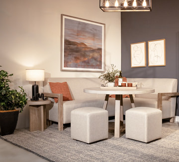 Rowan 48″ Table With Gibson Dining Benches And 2 Gibson Ottomans