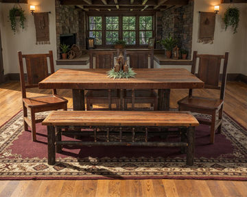 Appalachian Lodge Table With 4 Barnwood Prairie Side Chairs and Bench