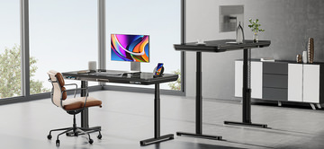 Ergo Black Galaxy Glass Power Lift Desk With Dual Monitor Arms