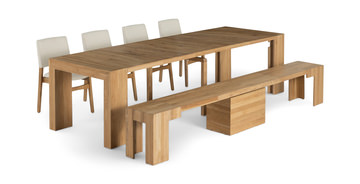 Scandinavian Oak Transformer Table with 4 Stack chair and extending bench