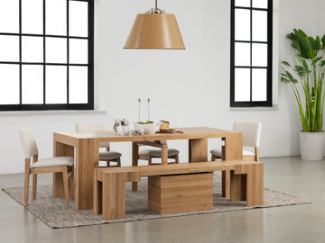 Scandinavian Oak Transformer Table with 4 Stack chair and extending bench