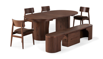 Transformer Round Walnut Table With 4 Stacking Chairs And Extension Bench 