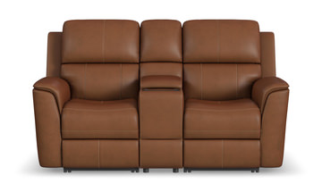 Henry Leather Power Reclining Loveseat With Console - Caramel