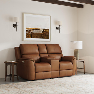 Henry Leather Power Reclining Loveseat With Console - Caramel