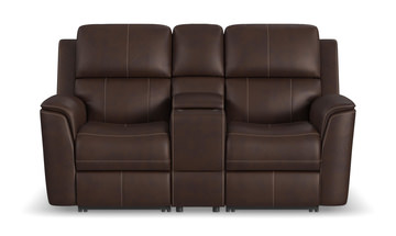Henry Leather Power Reclining Loveseat With Console - Burnt Umber