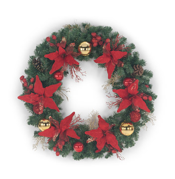 36″ Wreath with Red Poinsettia and Decor