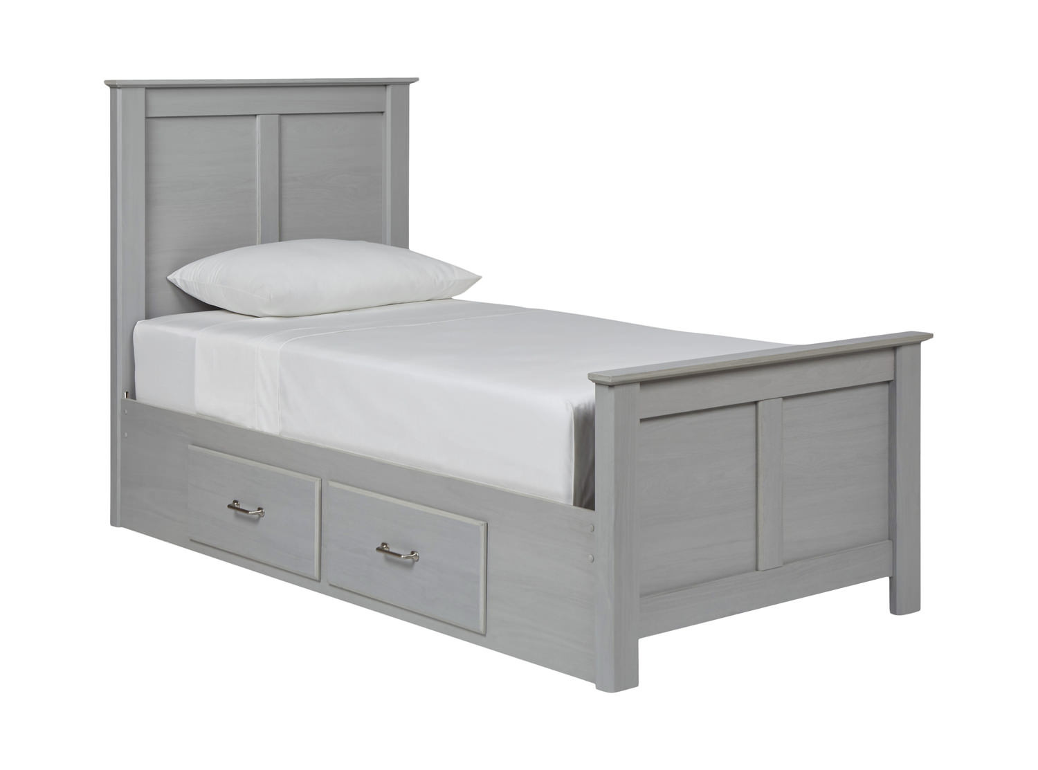 grey twin bed with storage