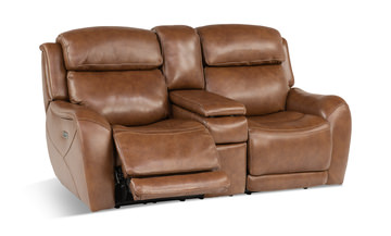 Saddle Leather Power Reclining Loveseat With Console