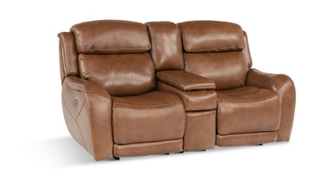 Saddle Leather Power Reclining Loveseat With Console