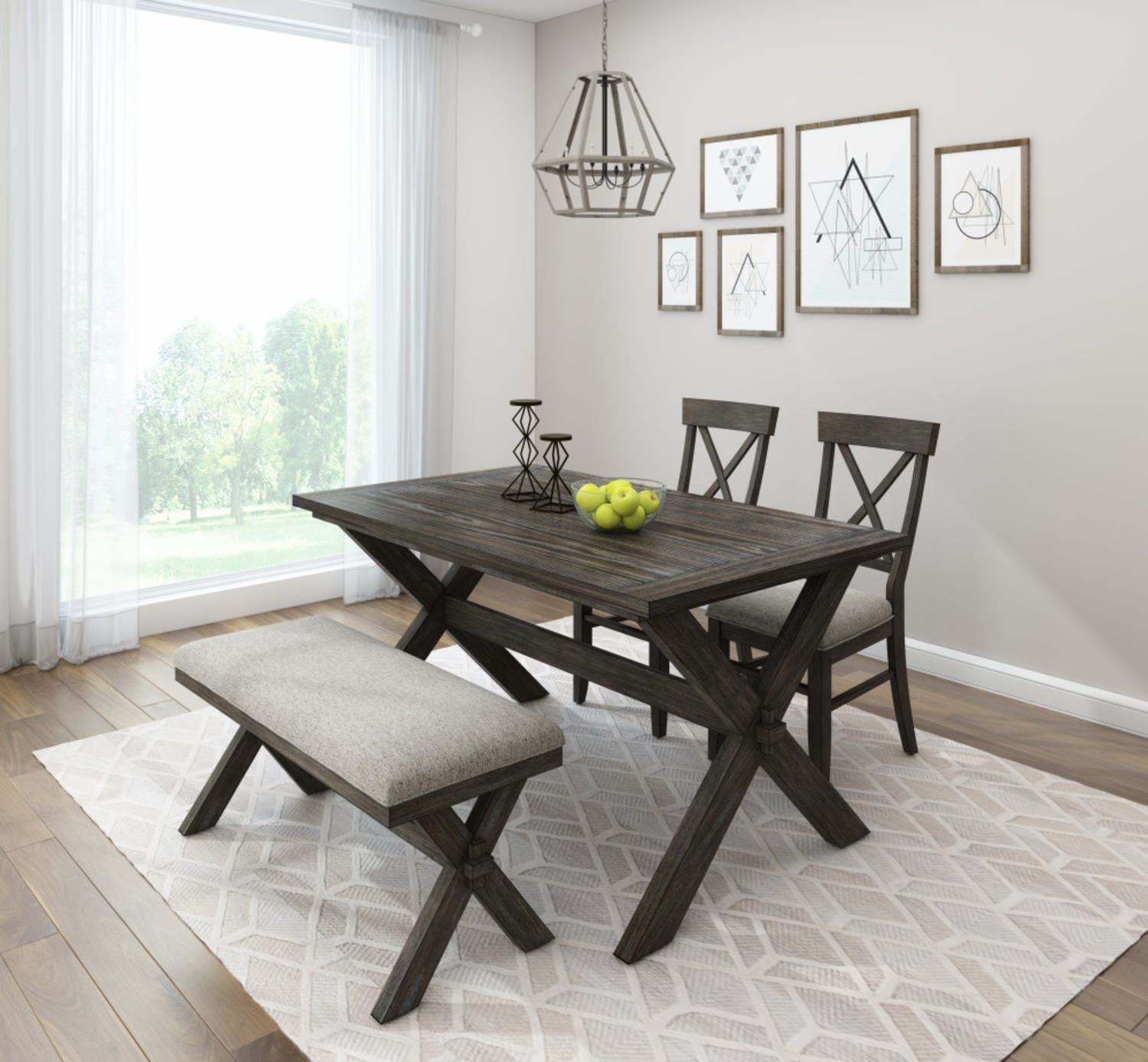 dining table with 2 chairs and bench