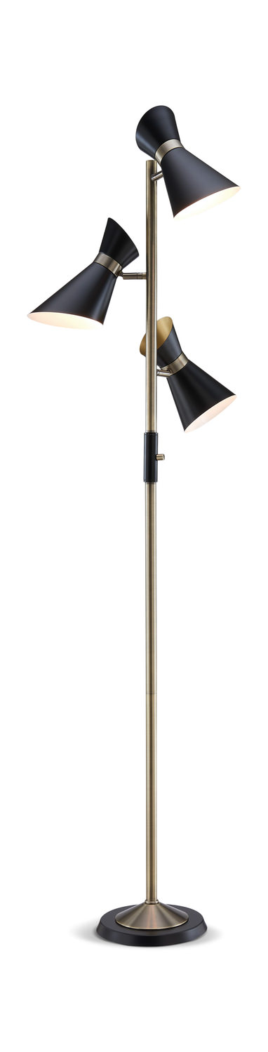 Matt Black Floor Lamp with Black Shade and Brushed Brass Detail